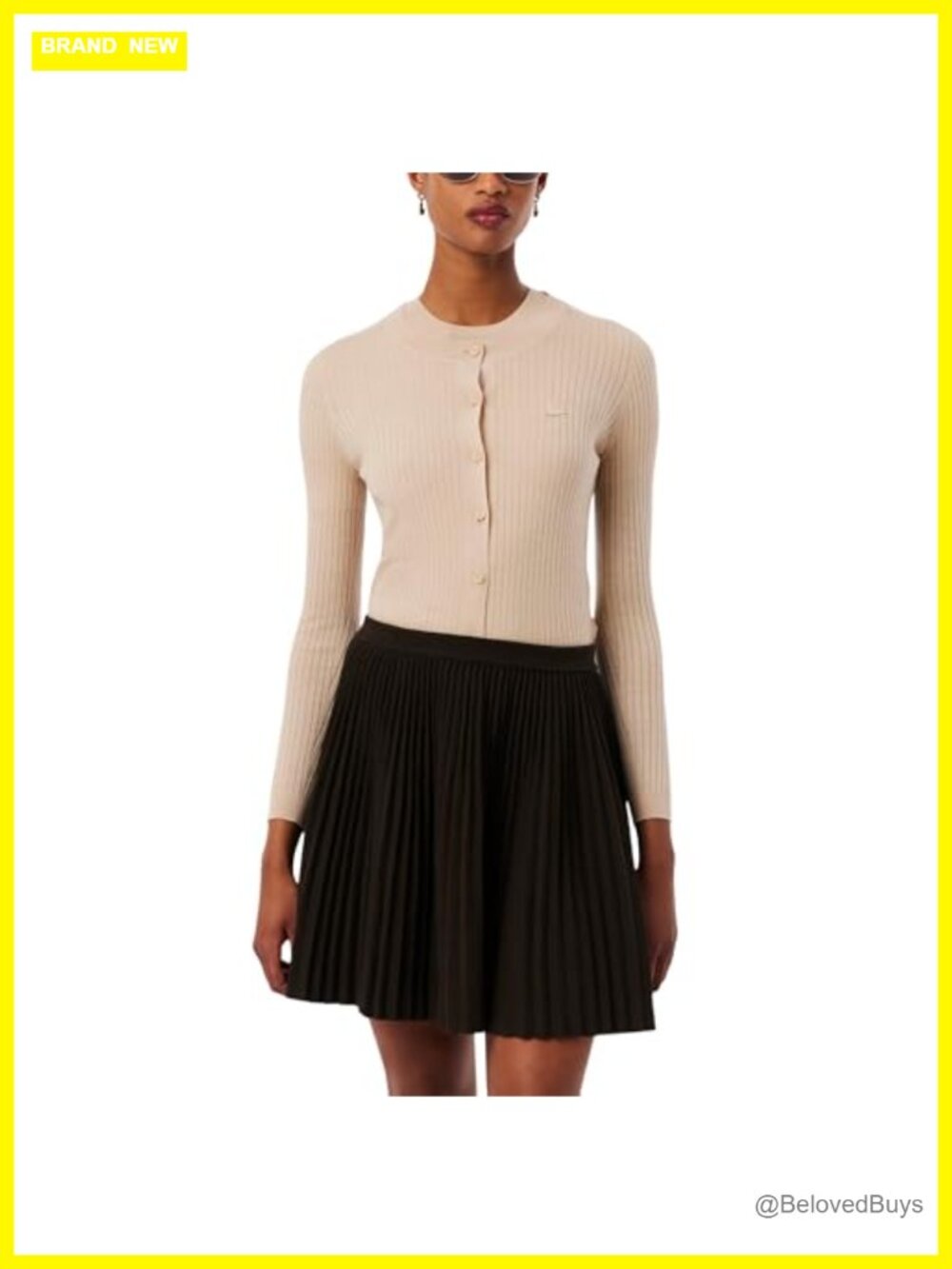 Merino Wool Rib Knit Cardigan Crew Neck Button Long Sleeve